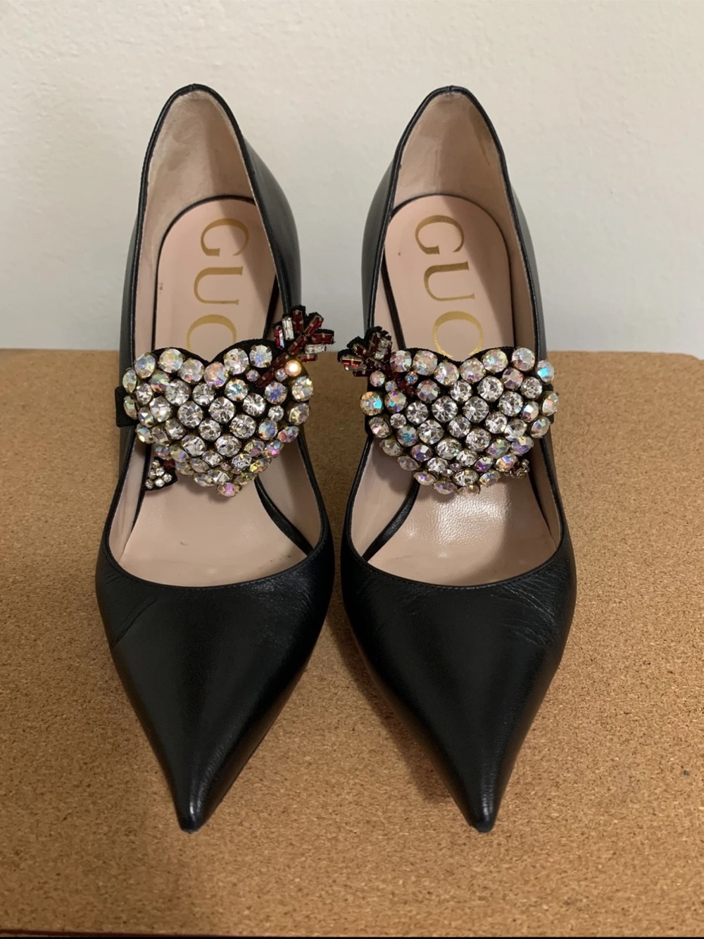 Gucci Black Leather Crystal Heart Mary Jane Pumps